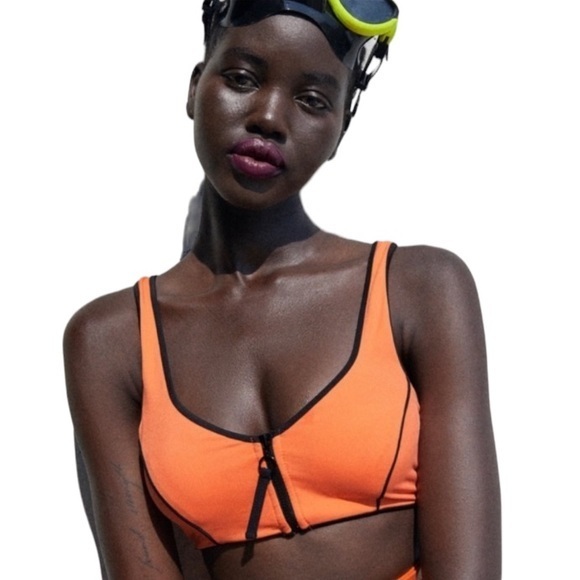 Zara Swimwear Contrast Piping Bikini Zip Top in Neon Orange - Picture 1 of 14